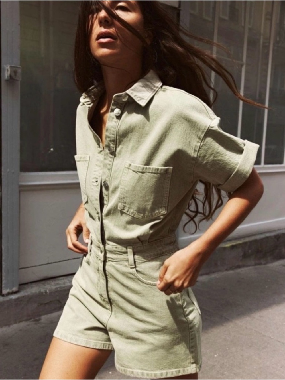 Zara Olive Green Short Sleeve Denim Romper